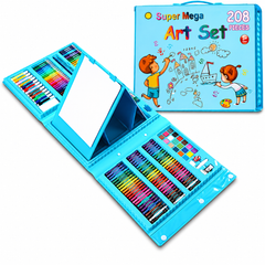 Set de Desen și Pictură pentru Copii, 208 Piese, Carioci, Creioane Colorate, Acuarele și Pensule, în Valiză, Albastru și Roz