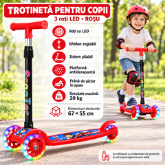 Trotinetă HNT pentru Copii cu 3 Roți LED, Pliabilă, cu Ghidon Reglabil și Frână Spate, ROSU