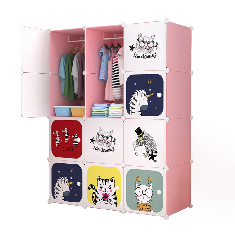 Dulap modular pentru copii, Alb/Roz, AT PERFORMANCE®, 12 rafturi, durabil  110X37X147 cm