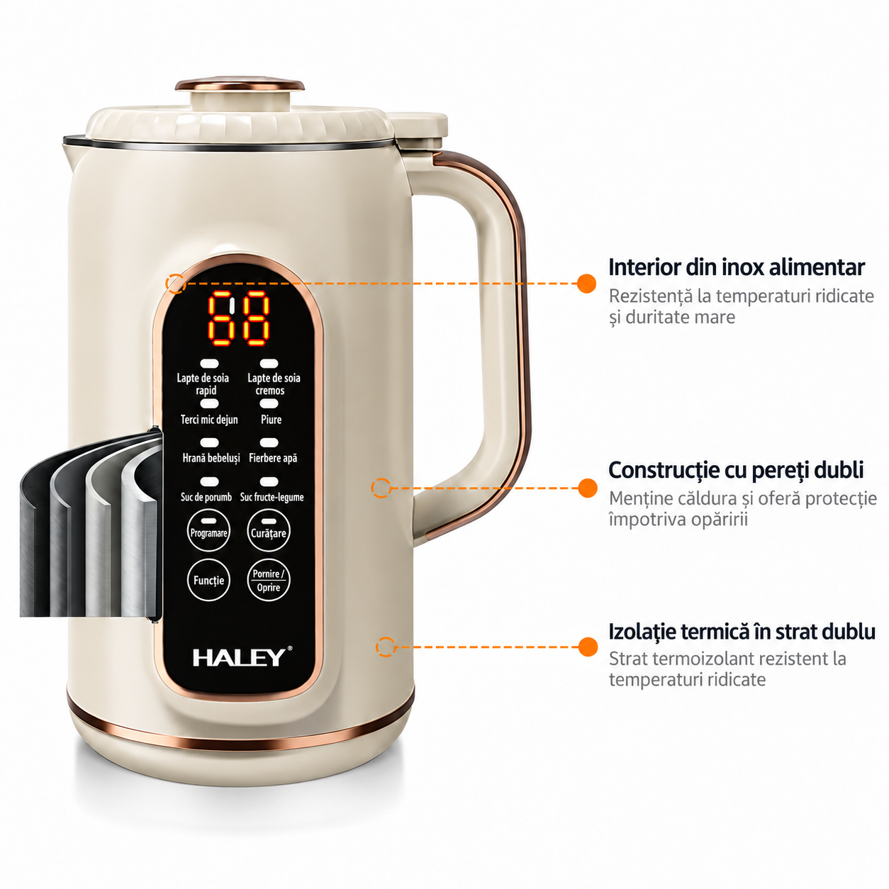 Aparat Multifuncțional pentru Prepararea Laptelui Vegetal și de Soia HALEY® HY-2721, 1800 ml, Putere Mixare 500W, Încălzire 1000W, 8 Funcții, Panou Tactil, Timer 12 Ore, Autocurățare