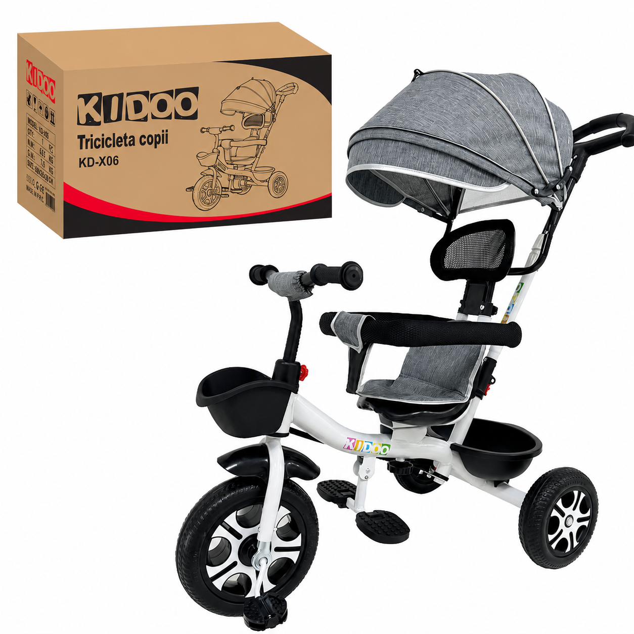 Tricicletă Evolutivă Kiddo KD-X06, Scaun Rotativ 360°, Poziție de Somn, Centură 5 Puncte, Copertină UV, Roți din Cauciuc, 9 Luni – 6 Ani