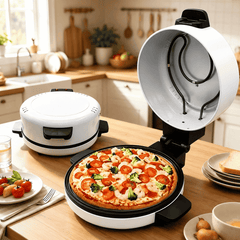 Cuptor Electric pentru Pizza 3000W, Deschidere 180°, Încălzire Sus-Jos, Tavă Rotundă, Mânere Termoizolante, Alb