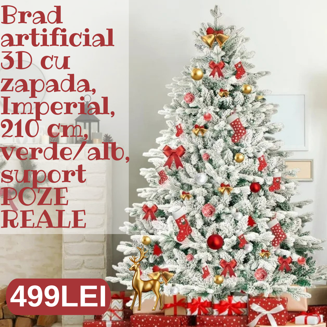 Brad artificial 3D cu zapada, Imperial, 210 cm, verde/alb,suport