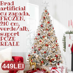 Brad artificial cu zapada, Royal, 210 cm, verde/alb,suport