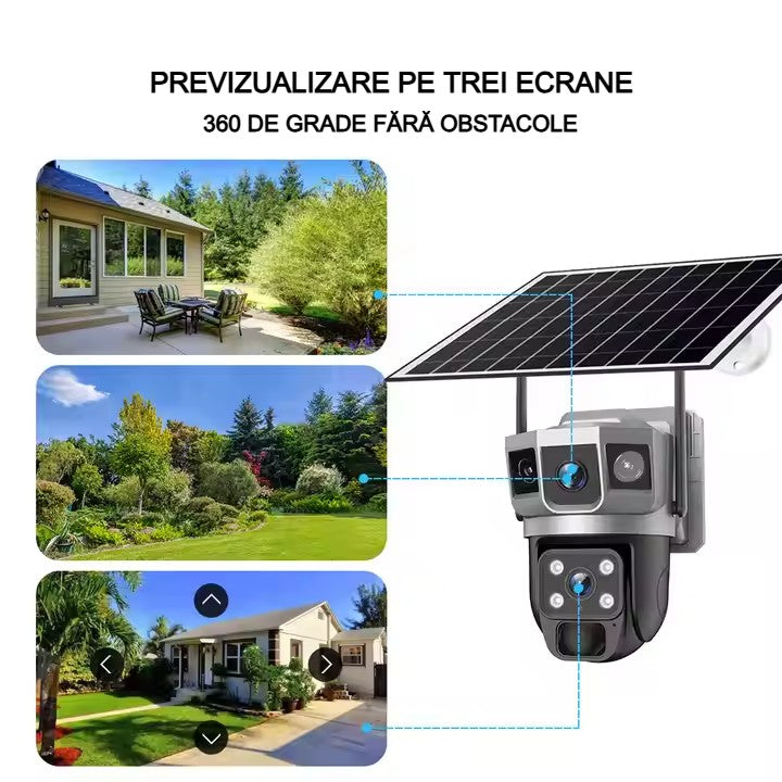Cameră Supraveghere Solară 4G cu 2 Camere AT PERFORMANCE® – 4MP HD, Zoom Optic 10x, PTZ, V380 App, Exterior, Baterie Integrată