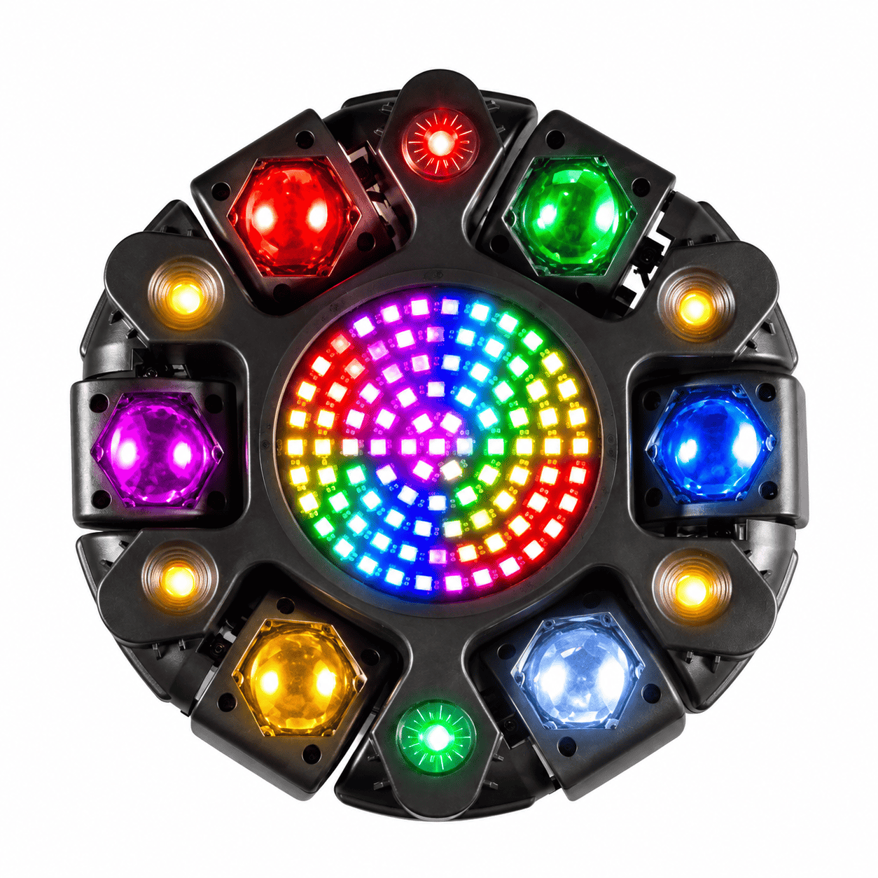 Moving Head LED Profesional Multi-Efect 100W, 6×10W RGBW CREE, Laser Roșu + Verde, Strobe Alb și Galben, 91 LED-uri, Brațe Rotative, DMX512 21 Canale, Sound Control