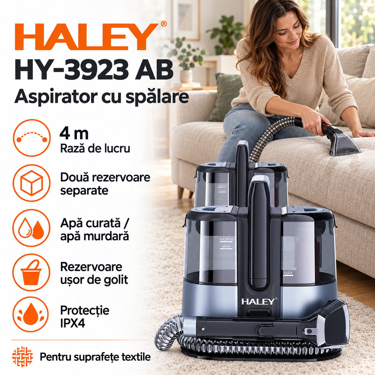 Aspirator cu Spălare HALEY HY-3923 AB, 3500W, Curățare Tapițerie, Canapele, Saltele și Covoare, Rezervor Apă Curată 1350 ml, Rezervor Apă Murdară 800 ml, Rază de Lucru 4 m, IPX4