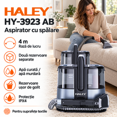 Aspirator cu Spălare HALEY HY-3923 AB, 3500W, Curățare Tapițerie, Canapele, Saltele și Covoare, Rezervor Apă Curată 1350 ml, Rezervor Apă Murdară 800 ml, Rază de Lucru 4 m, IPX4