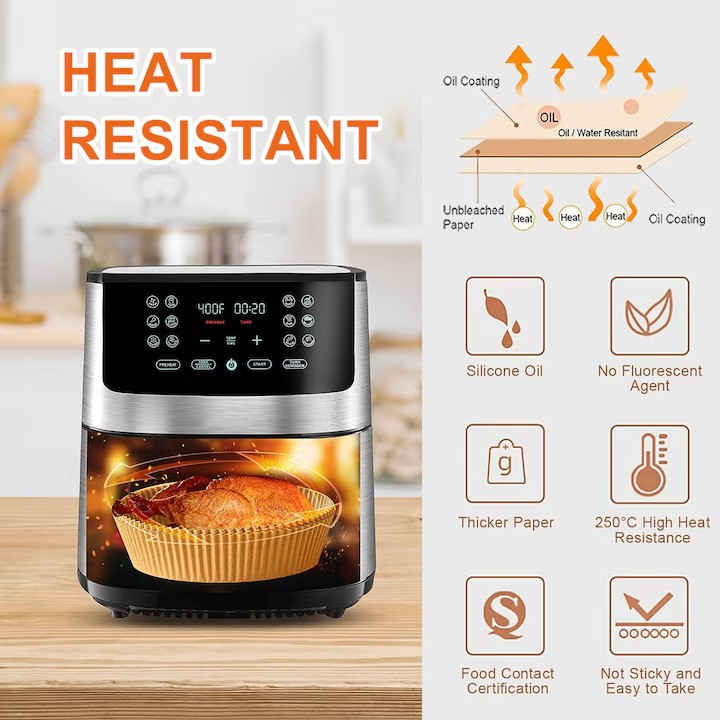 Hartie de copt pentru Air Fryer, AT PERFORMANCE®, rezistent la ulei, rezistent la apa, usor de curatat, model de desene animate, 20×20×4, 5 cm, maro, 30 buc