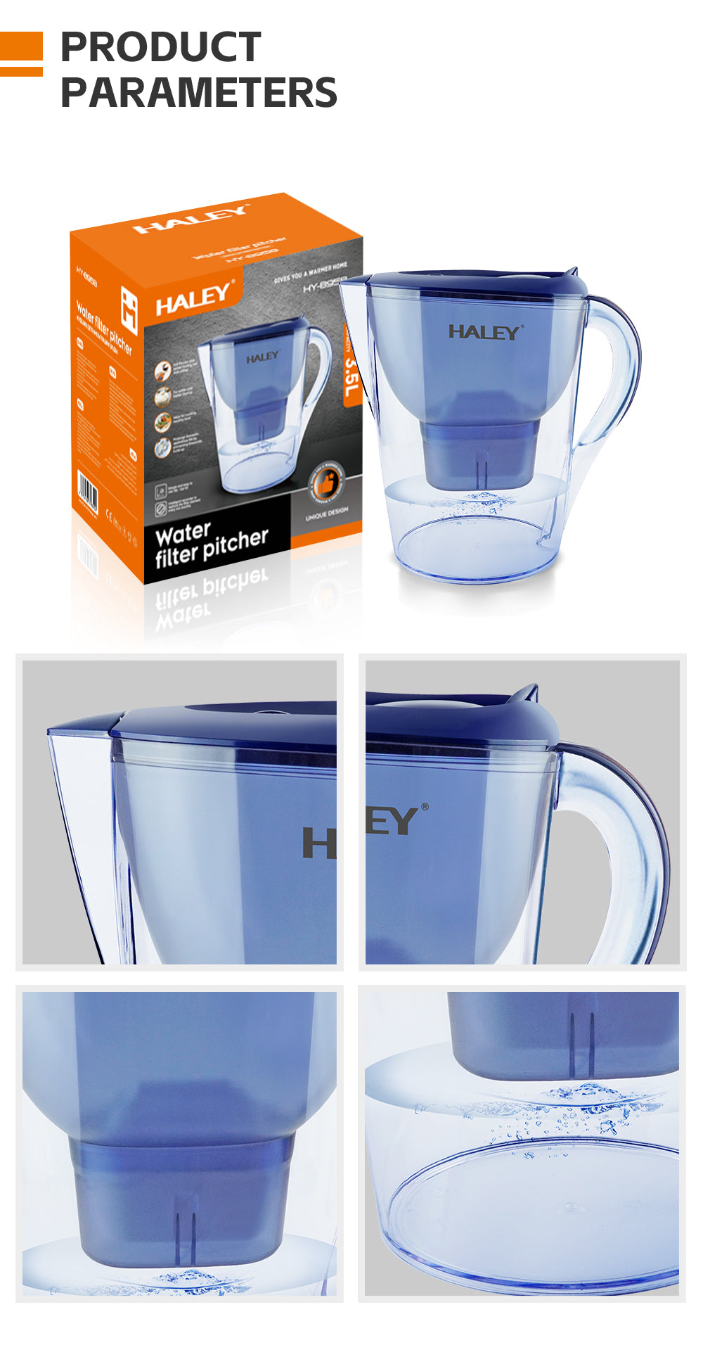 Cană Filtrantă Apă HALEY 3.5L Albastră – Filtru Multistrat, Gura Anti-Praf, Indicator Schimb Filtru, Design Compact