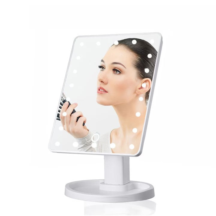 Oglinda Cosmetica AT PERFORMANCE® cu Iluminare LED, include 22 de Led-uri Puternice, Functie pentru Reglarea Intensitatii luminii, Reglarea inclinarii Oglinzii pana la 180°, Alimentare pe baterii sau la Retea, Baza Stabila.