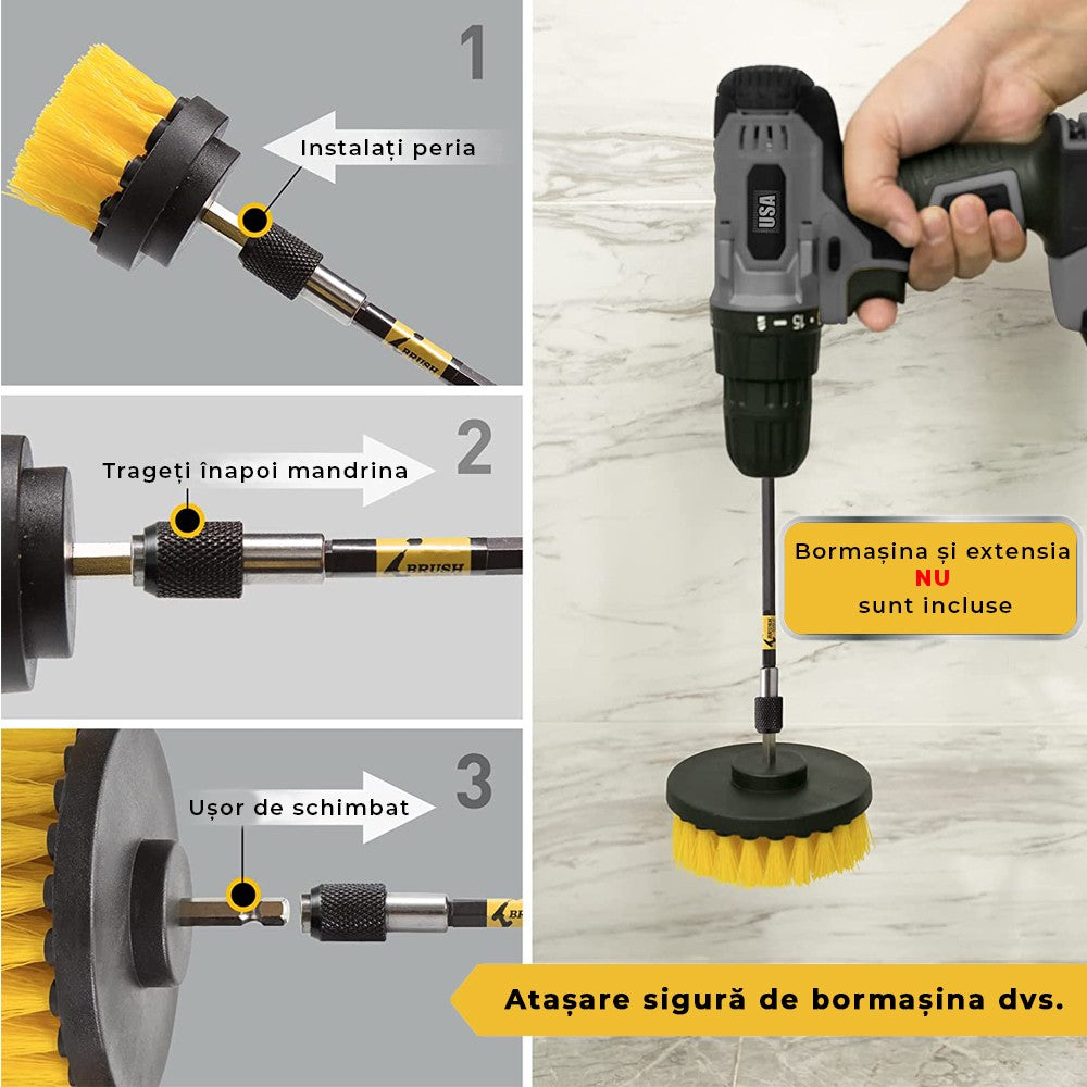 Set 3 Perii Rotative din Plastic Echo AT PERFORMANCE®, de Curatat Suprafete, Covoare, cu Adaptor, Diferite Marimi, Pentru Bormasina, Autofiletanta sau Masina de Gaurit