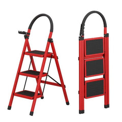 Scara Pliabila cu 3 Trepte Late, At Performance, 72x59x41 cm, Metalica, Maxim 150 Kg, Picioare Antialunecare, Rosu-Negru.