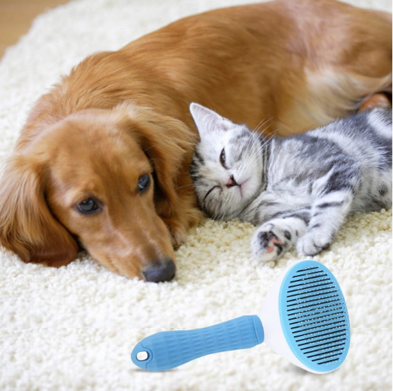 Perie cu buton auto-curatare pentru animale, AT PERFORMANCE, utila in curatarea si ingrijirea parului, 20x10x6 cm, pisici, caini, iepuri, albastra
