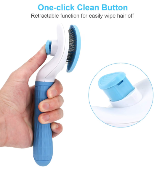 Perie cu buton auto-curatare pentru animale, AT PERFORMANCE, utila in curatarea si ingrijirea parului, 20x10x6 cm, pisici, caini, iepuri, albastra