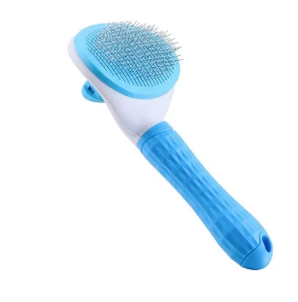 Perie cu buton auto-curatare pentru animale, AT PERFORMANCE, utila in curatarea si ingrijirea parului, 20x10x6 cm, pisici, caini, iepuri, albastra