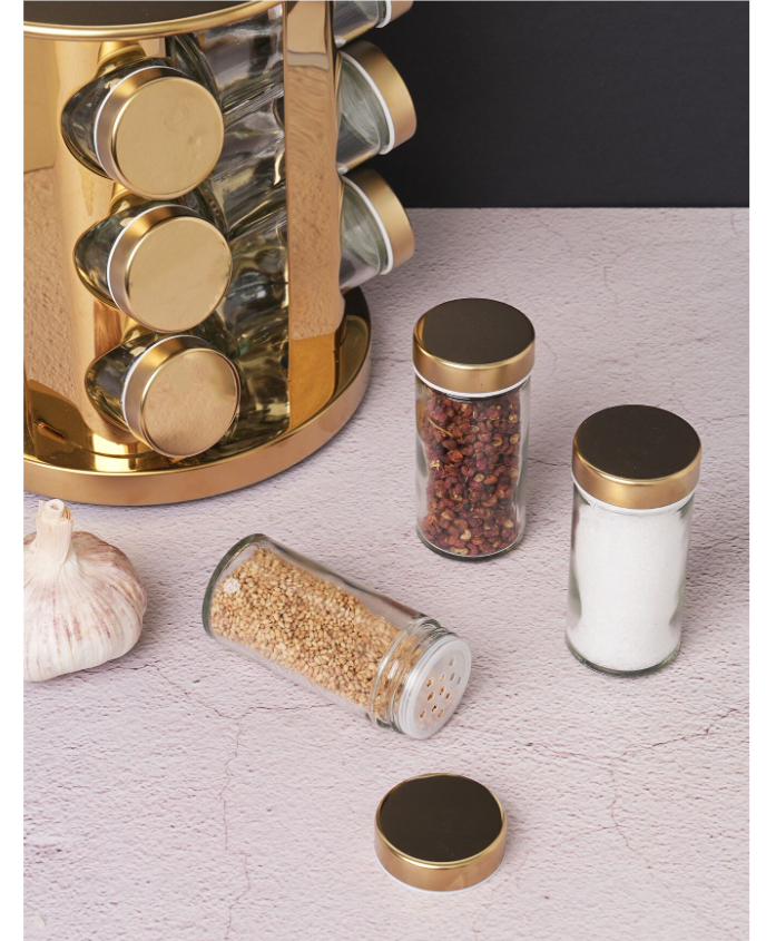 Set 12 recipiente, At Performance, pentru condimente, cu suport inox rotativ, auriu