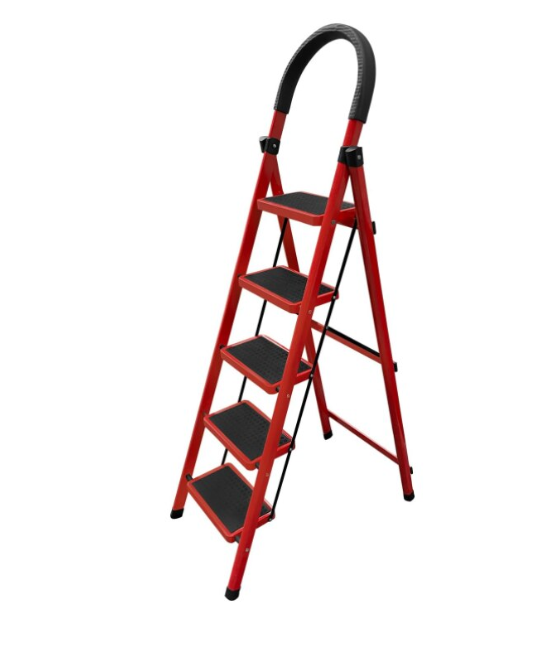 Scara Pliabila cu 5 Trepte Late, At Performance, Metalica, Maxim 150 Kg, Picioare Antialunecare, Rosu-Negru