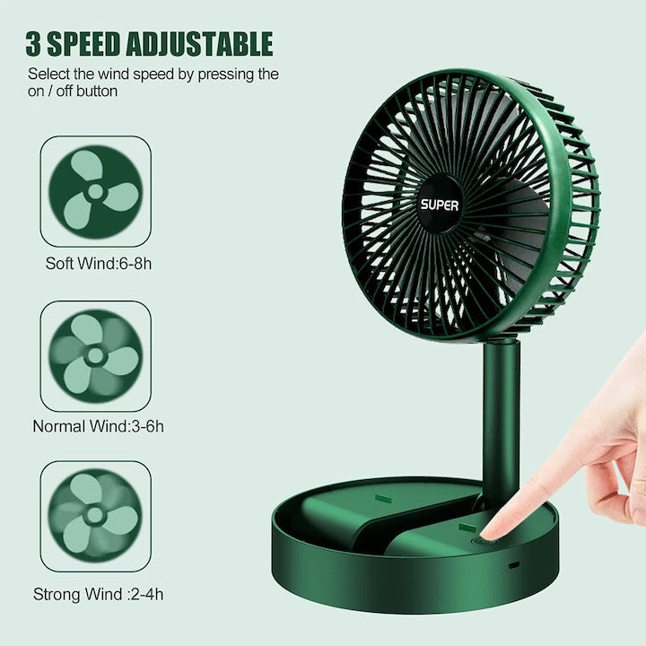 Ventilator portabil telescopic cu 3 viteze AT PERFORMANCE®, USB, silențios, montabil pe perete sau masă – Verde, reglabil 180°, compact pentru birou, camping și călătorii