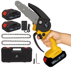 Pachet Profesional AT PERFORMANCE® – Foarfecă Electrică 36V + Mini Fierăstrău Electric 36V cu Lanț 6 inch”, 4 Acumulatori, 2 Încărcătoare și 2 Valize de Transport