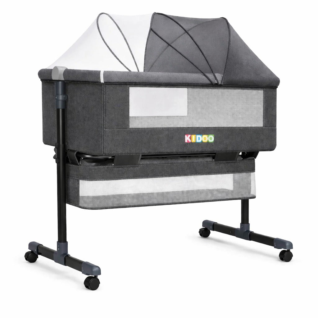 Pătuț Reglabil 6 în 1 AT PERFORMANCE® pentru Bebe – Leagăn, Pătuț de Călătorie, Coș Depozitare, Plasă Țânțari, Saltea Moale, Roți 360°, Gri