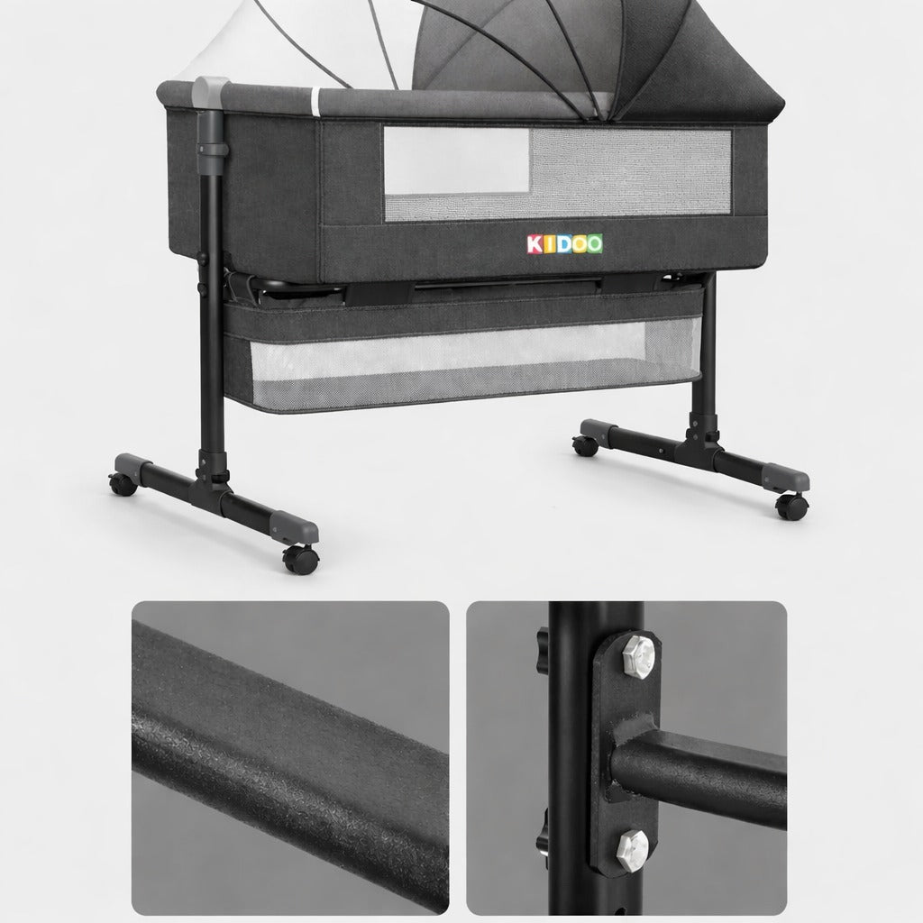 Pătuț Reglabil 6 în 1 AT PERFORMANCE® pentru Bebe – Leagăn, Pătuț de Călătorie, Coș Depozitare, Plasă Țânțari, Saltea Moale, Roți 360°, Gri