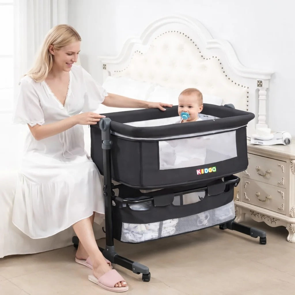 Pătuț Reglabil 6 în 1 AT PERFORMANCE® pentru Bebe – Leagăn, Pătuț de Călătorie, Coș Depozitare, Plasă Țânțari, Saltea Moale, Roți 360°, Gri