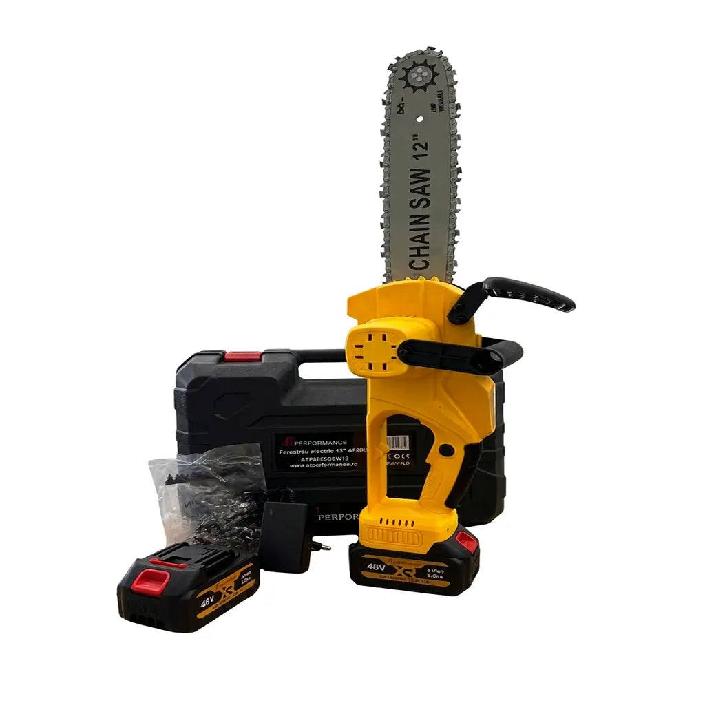 Ferastrau Electric cu Lant 12" AT-Performance AT-2023 – 2 Acumulatori 48V 5000mAh, 2 Lanturi, Incarcator Inclus