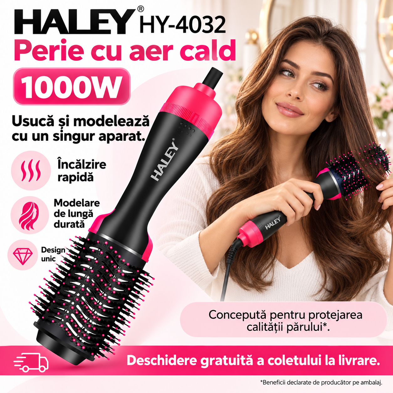 Perie Electrică cu Aer Cald HALEY HY-4032, 1000W, Încălzire Rapidă, Modelare de Lungă Durată, Hot Air Brush