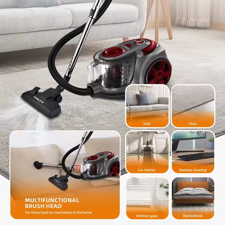 Aspirator fără sac HALEY 2L,1200W, Aspirator de praf Aspirator puternic cu fir, de calitate, cu ciclon, Rosu/Gri