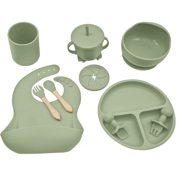 Set 10 piese hranire bebe, diversificare, silicon, baveta, farfurie, bol cu ventuza, lingurita si furculita, cana gustari, lingurita de lemn, si furculita de lemn, fara alergeni, ceasca dreapta, Roz.