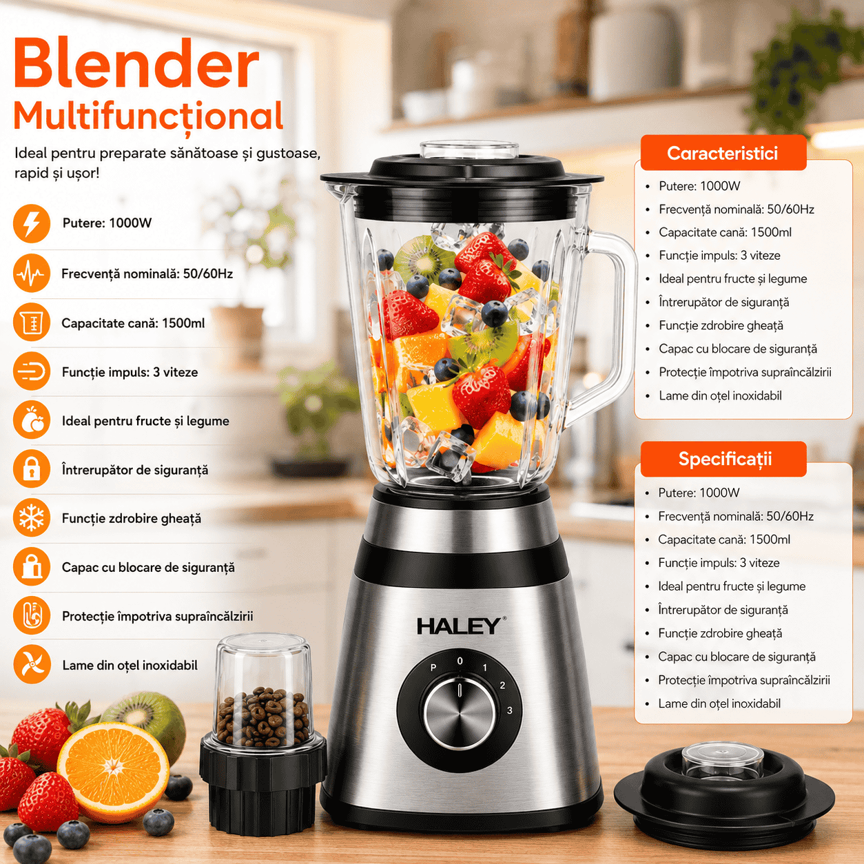 Blender Multifuncțional HALEY HY-2944 2 în 1, 1000W, Cană Din Sticlă 1,5L, Râșniță, 3 Trepte + Pulse, Funcție Zdrobire Gheață