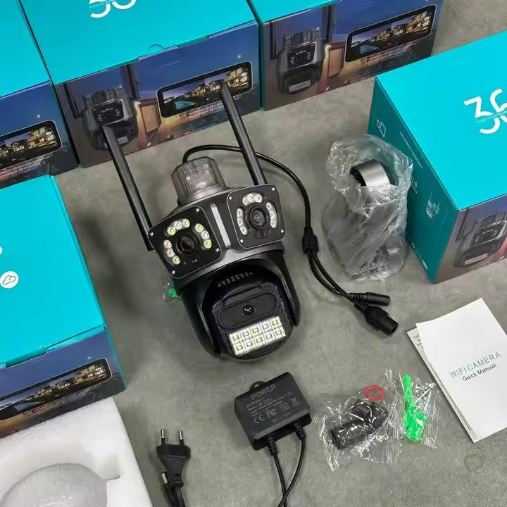 Cameră Supraveghere WiFi cu 3 Camere AT PERFORMANCE® – 15MP 8K, PTZ, Audio, Alarmă, Exterior, IP66