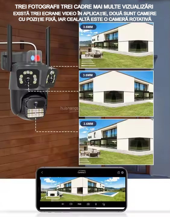 Cameră Supraveghere WiFi cu 3 Camere AT PERFORMANCE® – 15MP 8K, PTZ, Audio, Alarmă, Exterior, IP66