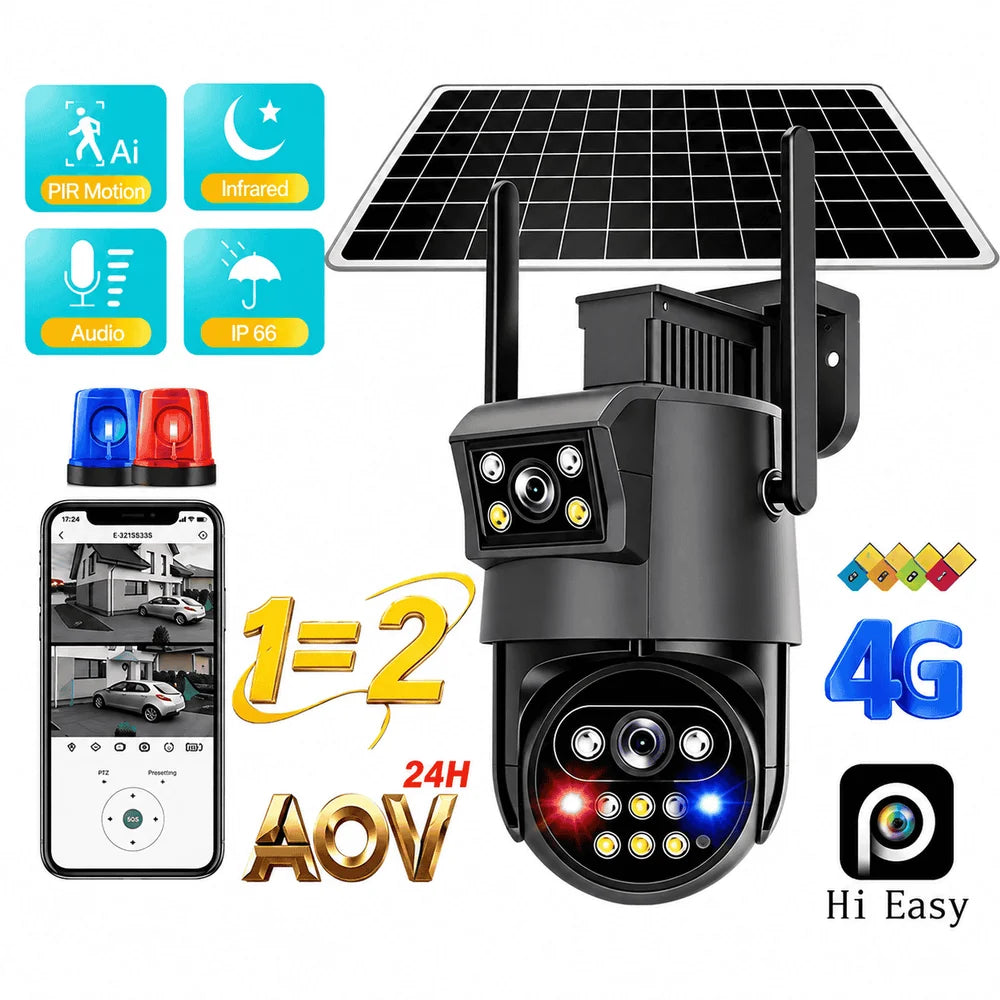 Cameră de Supraveghere Solară 4G AOV cu 2 Obiective, Monitorizare Video Continuă 24H, IP66, Acumulator Integrat, Panou Solar, Card TF și Cloud, Alarmă cu Notificări