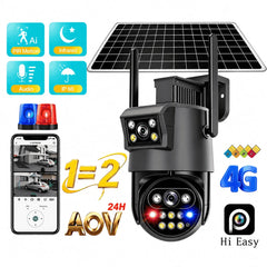 Cameră de Supraveghere Solară 4G AOV cu 2 Obiective, Monitorizare Video Continuă 24H, IP66, Acumulator Integrat, Panou Solar, Card TF și Cloud, Alarmă cu Notificări