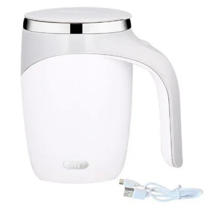 Cana Magnetica AT PERFORMANCE®, Inteligenta cu Amestecare Rotativa Automata, Electrica, Tip termos, Cu capac, Interior din otel inoxidabil, Capacitate 380 ml, Incarcare USB, Alba.