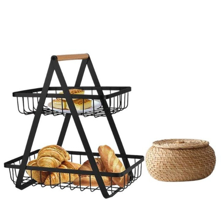 Cos de fructe,  decorativ, Metal, 2 etaje, Negru