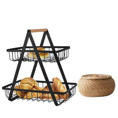 Cos de fructe,  decorativ, Metal, 2 etaje, Negru