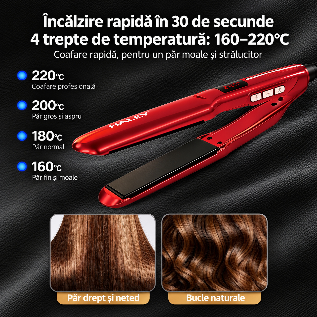 Placă de Îndreptat Părul HALEY HY-3023, 60W, Încălzire Rapidă, Modelare de Lungă Durată, Design Unic, Hair Straightener