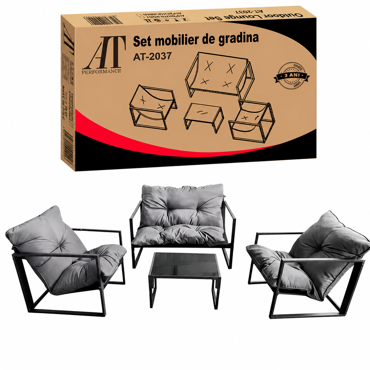 Set Mobilier Grădină AT PERFORMANCE® 4 Piese, Canapea 2 Locuri + 2 Fotolii + Măsuță cu Sticlă Securizată Neagră, Cadru Metalic