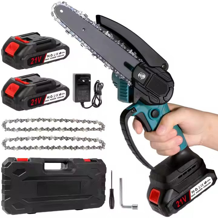 Mini fierastrau electric / mini drujba cu lant pe acumulator AT PERFORMANCE®, 21 V, putere 550 W, lungime lama 6 inch, 2X Lanturi, 2X Baterii