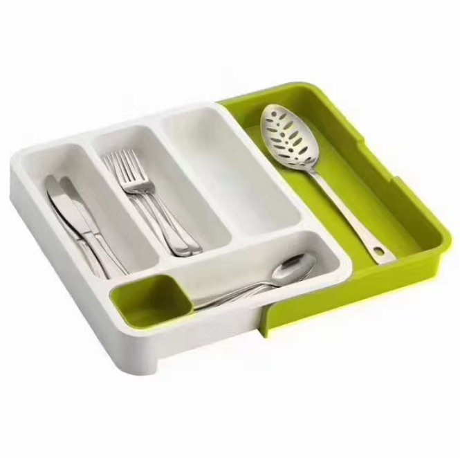 Organizator Extensibil si Multifunctional pentru Tacamuri AT PERFORMANCE®– Suport Modular pentru Sertar din Plastic - de la 29cm la 48cm - Alb-Verde