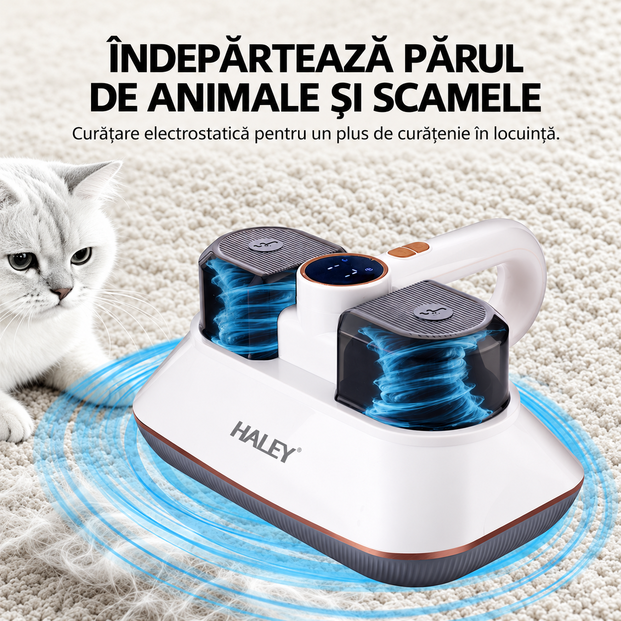 Aparat pentru Îndepărtarea Acarienilor și a Scamelor HALEY HY-1937, 500W, Putere de Aspirare 8500Pa, Sistem de Filtrare Multistrat, Funcție Antibacteriană, Display LED, Recipient 200 ml