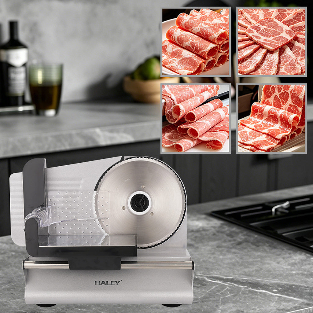 Feliator Electric de Alimente HALEY® HY-1329, Putere Maximă 800W, Lamă din Oțel Inoxidabil de 190 mm, Grosime de Tăiere Reglabilă 0–15 mm, Carcasă din Aluminiu Turnat, Protecție pentru Degete, Împingător Transparent cu Protecție