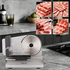 Feliator Electric de Alimente HALEY® HY-1329, Putere Maximă 800W, Lamă din Oțel Inoxidabil de 190 mm, Grosime de Tăiere Reglabilă 0–15 mm, Carcasă din Aluminiu Turnat, Protecție pentru Degete, Împingător Transparent cu Protecție