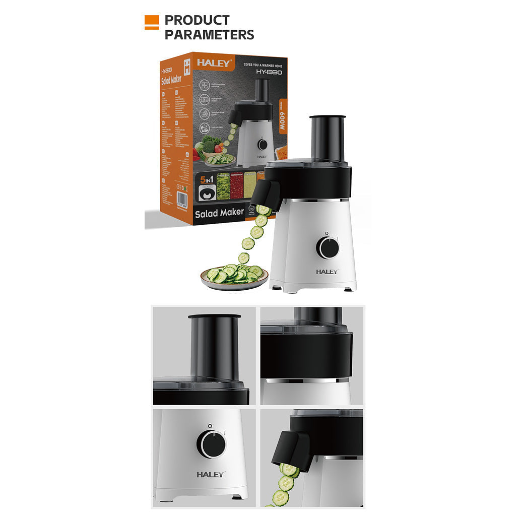 Răzătoare Electrică Multifuncțională HALEY® HY-1330, 600W, 5 Accesorii de Tăiere, Feliere și Răzuire, Lame din Oțel Inoxidabil, Motor Puternic, Componente Detașabile, Bază Antialunecare