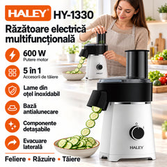 Răzătoare Electrică Multifuncțională HALEY® HY-1330, 600W, 5 Accesorii de Tăiere, Feliere și Răzuire, Lame din Oțel Inoxidabil, Motor Puternic, Componente Detașabile, Bază Antialunecare