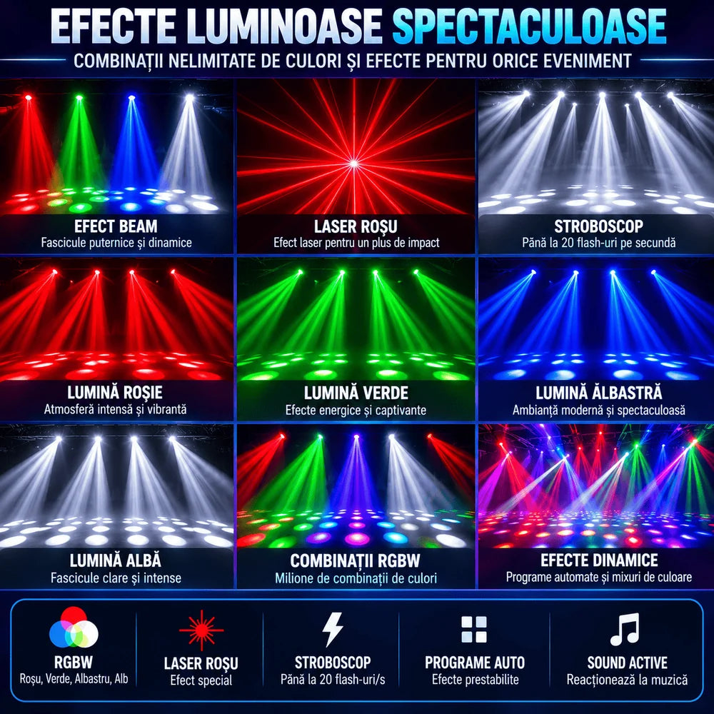 Moving Head Profesional RGBW cu Laser Roșu, Stroboscop, 8×10W + 8×3W LED, DMX512 26 Canale, Sound Active, Auto, Master/Slave și Telecomandă