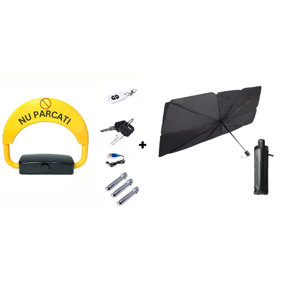 Pachet AT PERFORMANCE®, Parcare Inteligentă: Blocator Automat Loc + Parasolar Auto Pliabil UV – Siguranță și Protecție Completă Pentru Mașina Ta